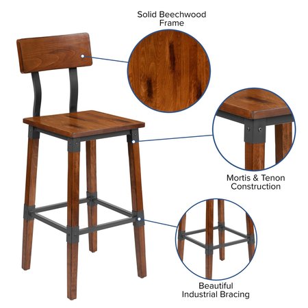 Flash Furniture Rustic Antique Walnut Industrial Wood Dining Barstool, PK4 4-XU-DG-W0236B-GG